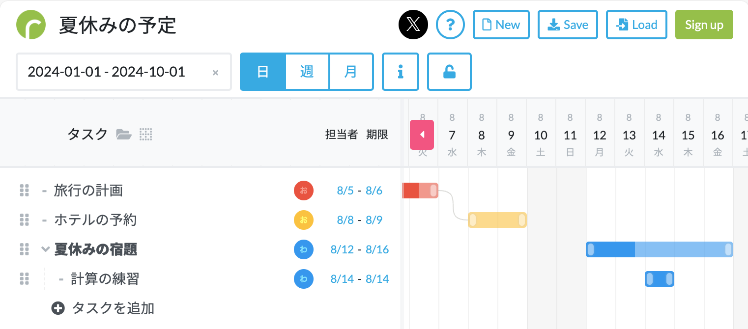 ログインなしで無料で誰でも使えるガントチャート